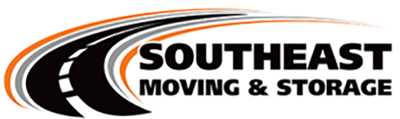 A logo for southeast moving and storage with a road in the background.