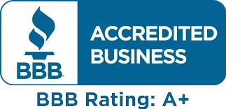 BBB Accredited Business logo with a blue and white design, including the Better Business Bureau torch symbol and an A+ rating.