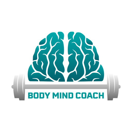 A logo for a body mind coach with a brain and a barbell.