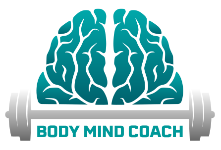 A logo for a body mind coach with a brain and a barbell