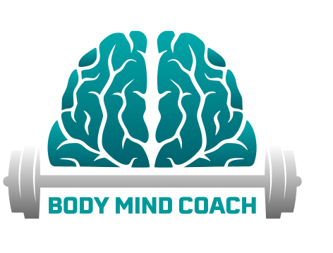 A logo for a body mind coach with a brain and a barbell