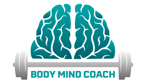 A logo for a body mind coach with a brain and a barbell