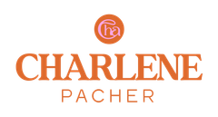 O logotipo de charlene pacher é laranja e branco em um fundo branco.