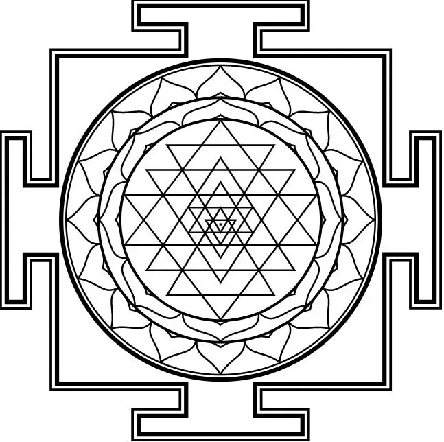 Um desenho em preto e branco de uma mandala com uma estrela no centro.