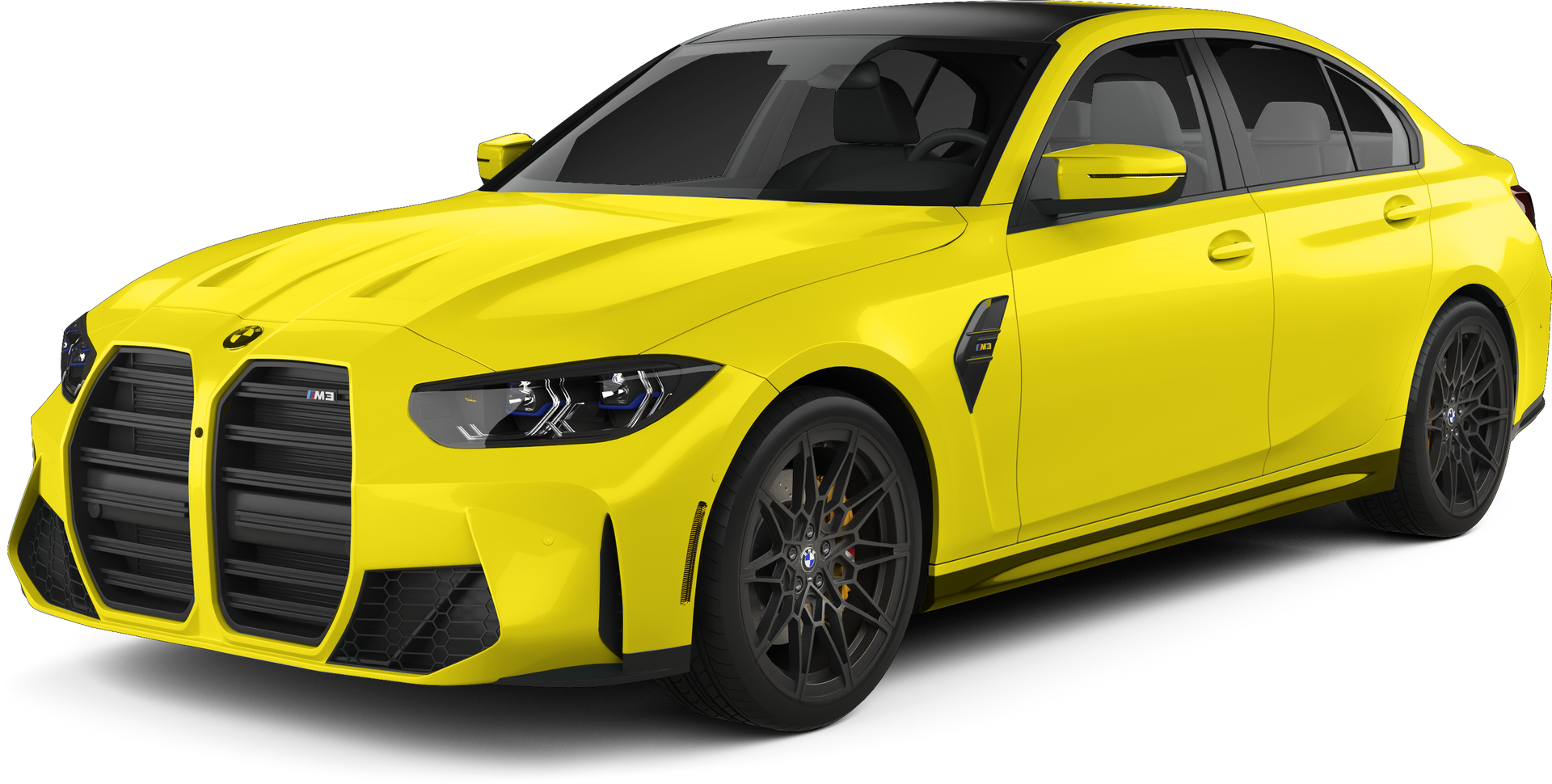 A yellow bmw m3 is shown on a white background.