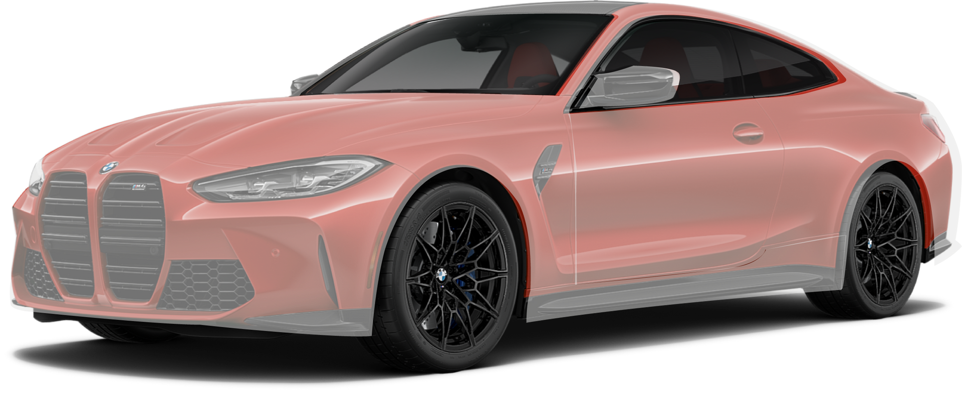 A pink bmw m4 coupe with black wheels on a white background.
