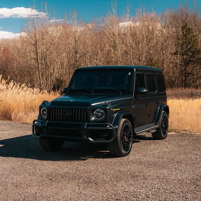 Black Mercedes-Benz G-Wagon parked on gravel road. Tall dry grass and bare trees in the background.