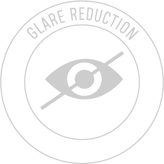 A logo for glare reduction with a picture of an eye in a circle.