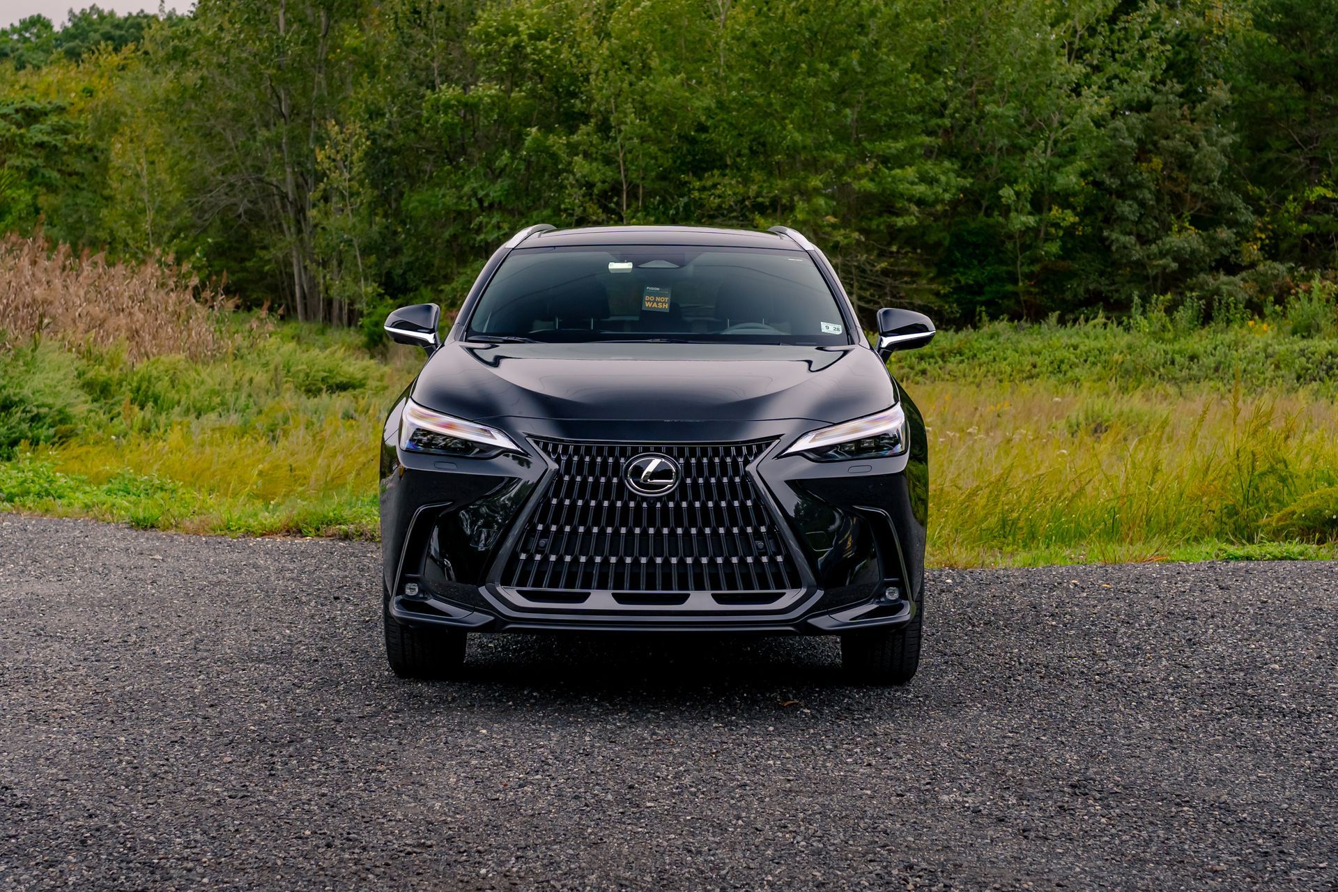 A black lexus nx is parked on a gravel road in a field.