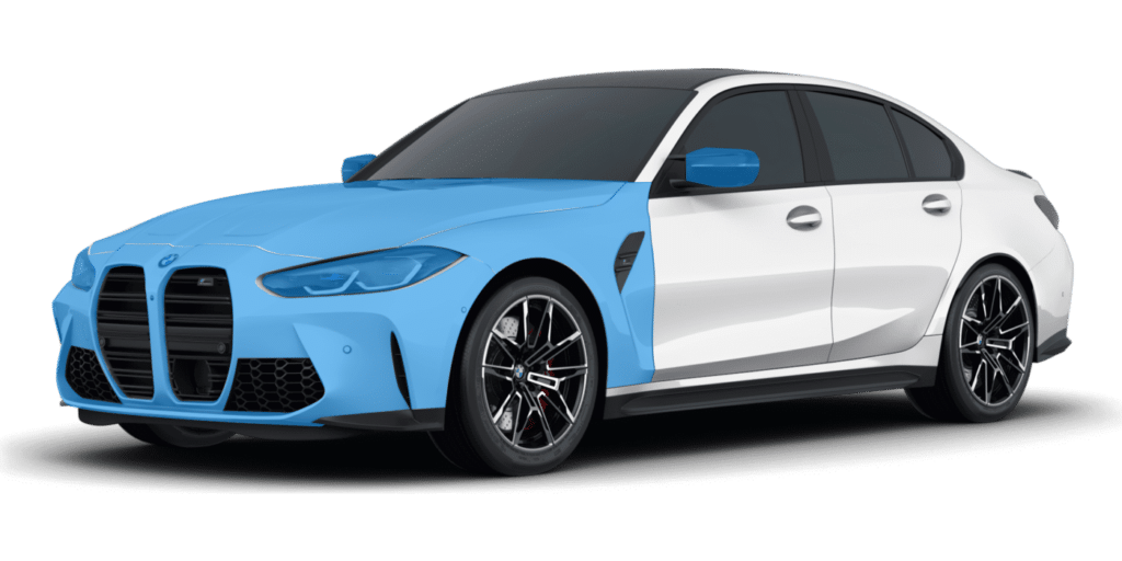 A yellow bmw m3 is shown on a white background.