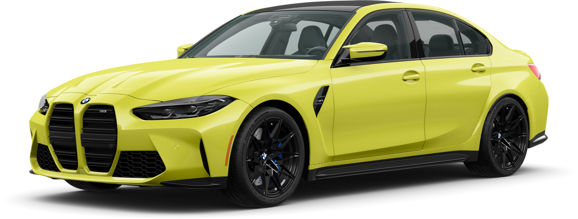 A yellow bmw m3 is shown on a white background.