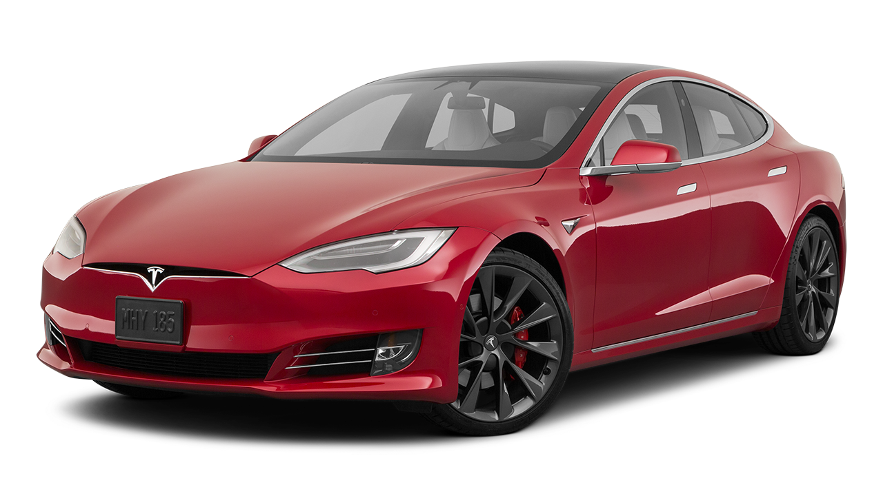 A red tesla model s is shown on a white background.