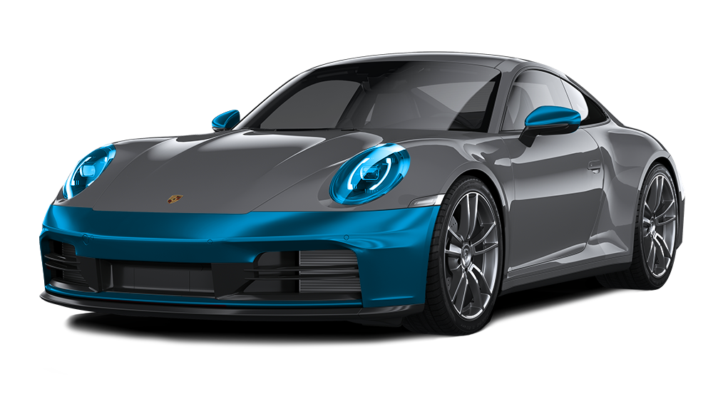 A blue porsche 911 is shown on a white background.