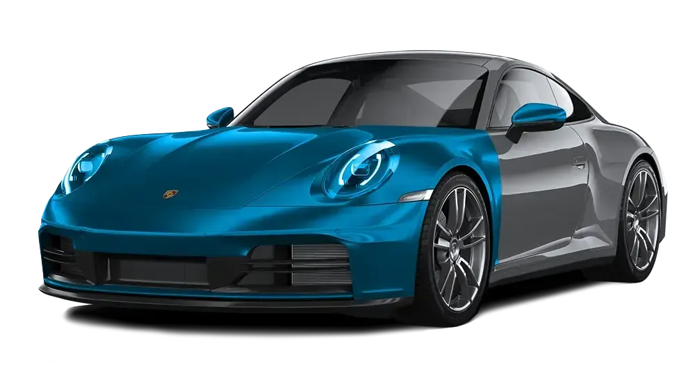 A blue porsche 911 is shown on a white background.