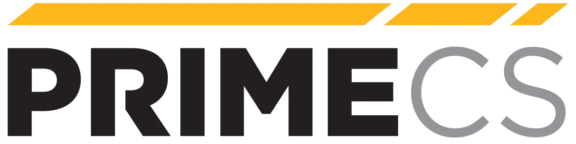The logo for primecs is yellow and black with a white background.