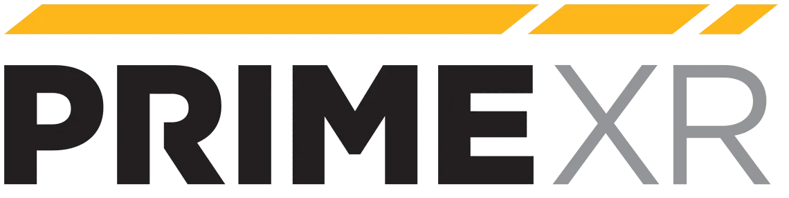 A black and yellow logo for primexr on a white background