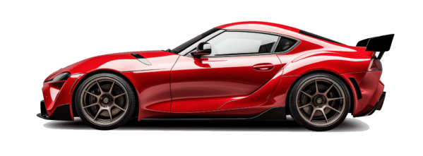 Red sports car, side view, black spoiler, bronze wheels.