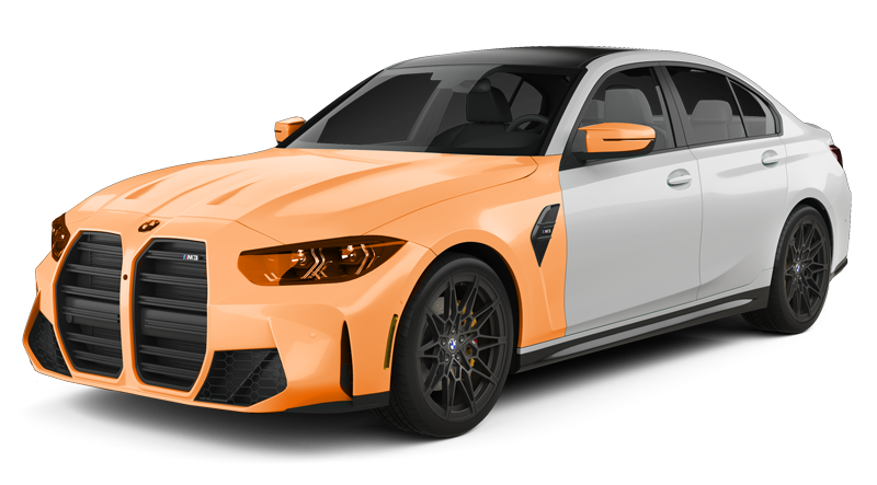 A yellow bmw m3 is shown on a white background.