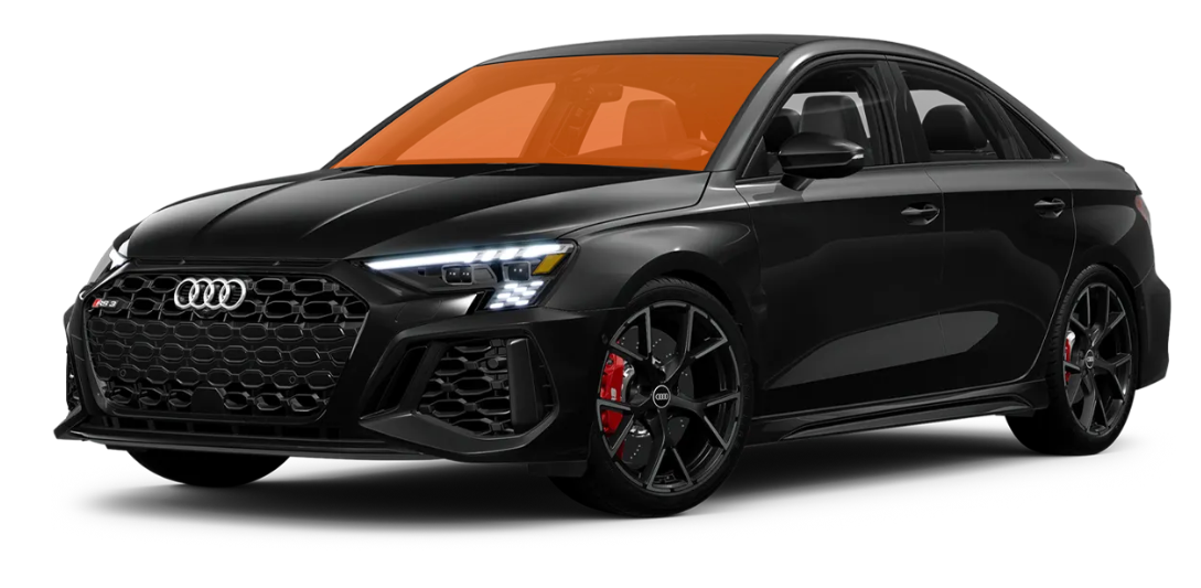 A black audi rs 3 with a red windshield on a white background.