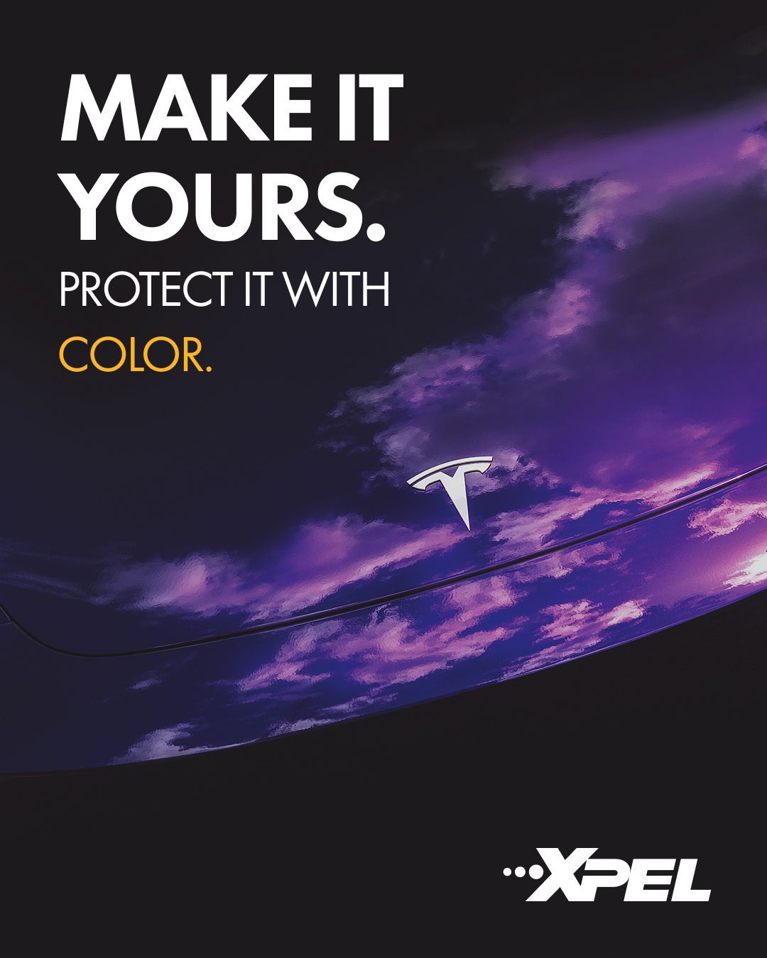 Advertisement for XPEL car protection featuring a purple sky and a Tesla, with text: 
