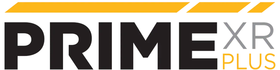 The logo for primexr plus is yellow and black