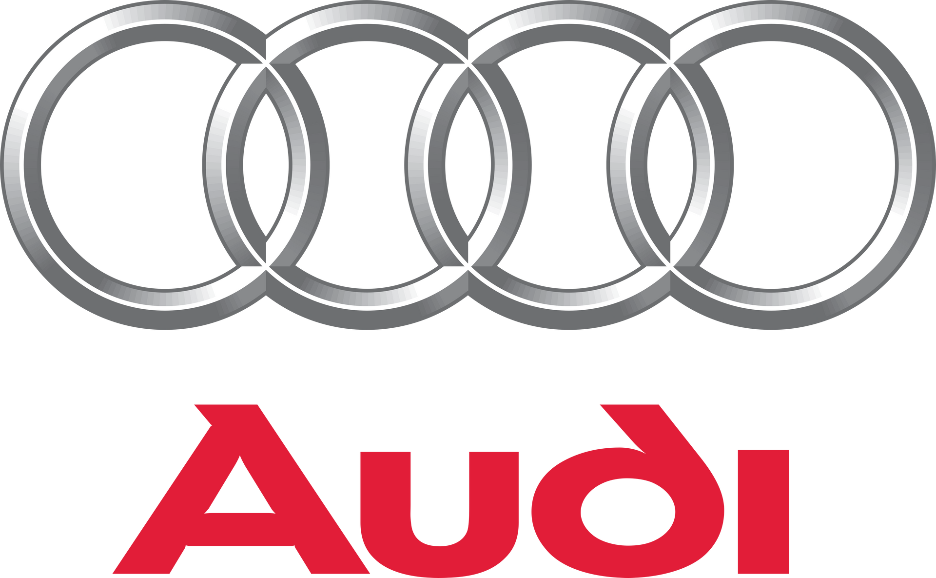 Audi logo: Four interlocking silver rings above red "Audi" text.