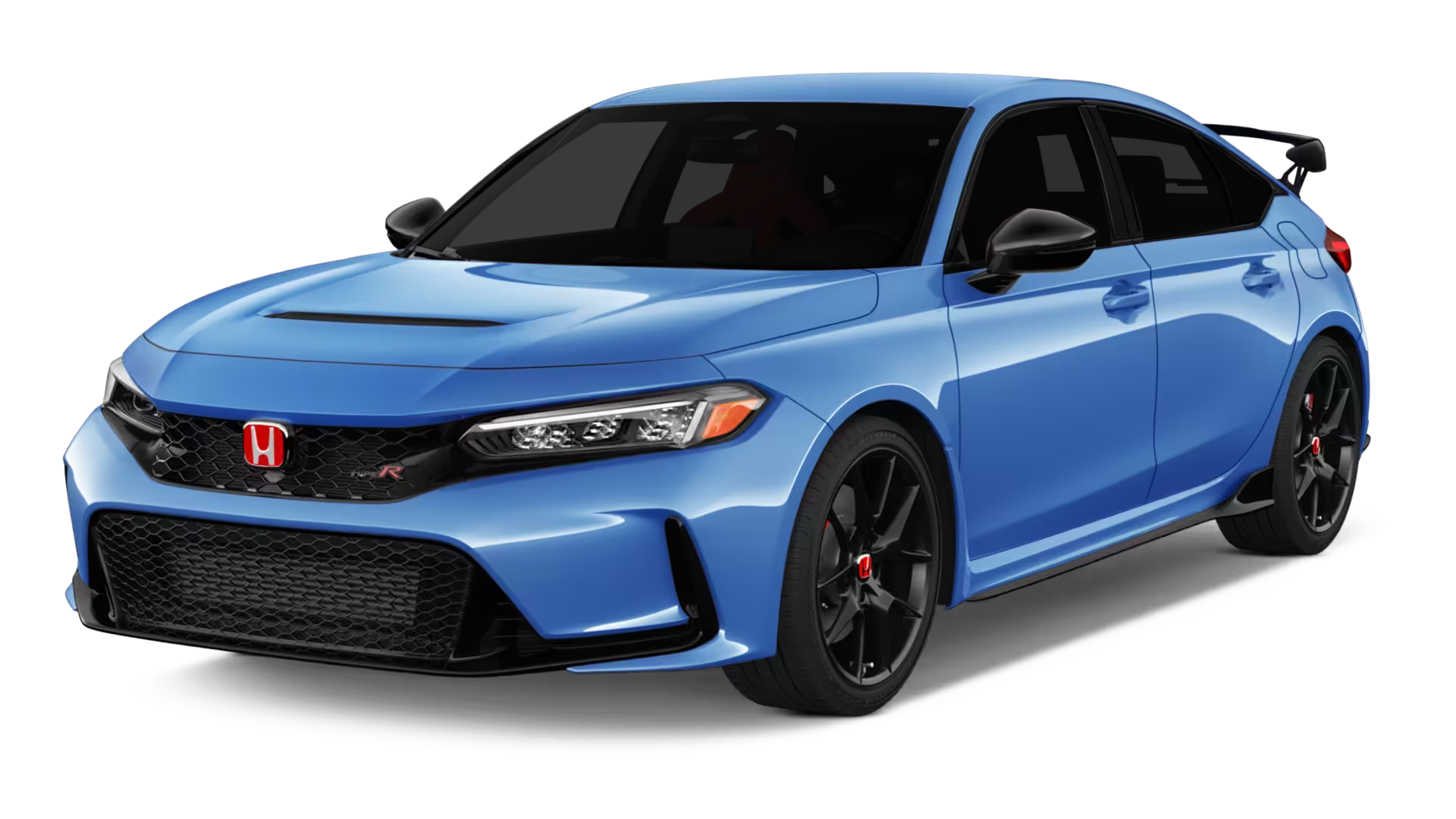 A blue honda civic hatchback is shown on a white background.