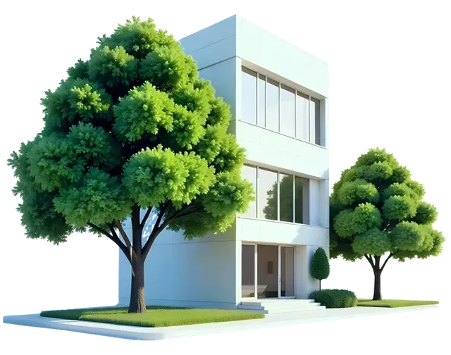 A white building with two trees in front of it