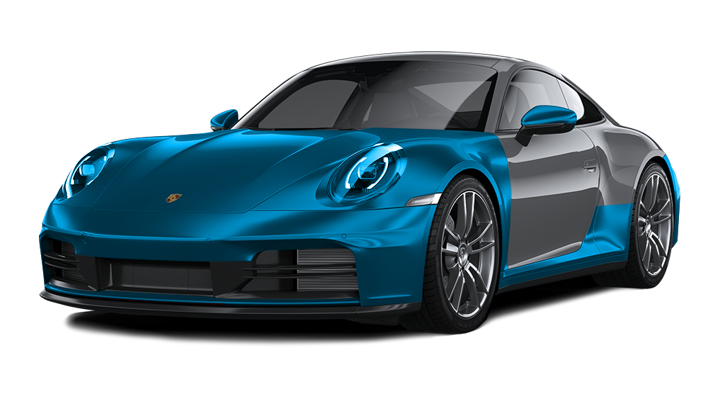 A blue porsche 911 is shown on a white background.
