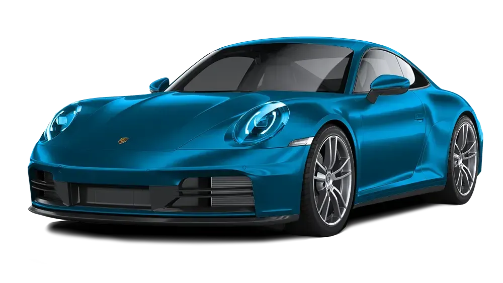 A blue porsche 911 is shown on a white background.