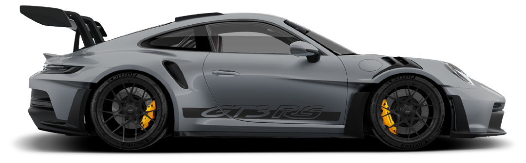 Gray Porsche sports car with a large rear spoiler and yellow brake calipers.