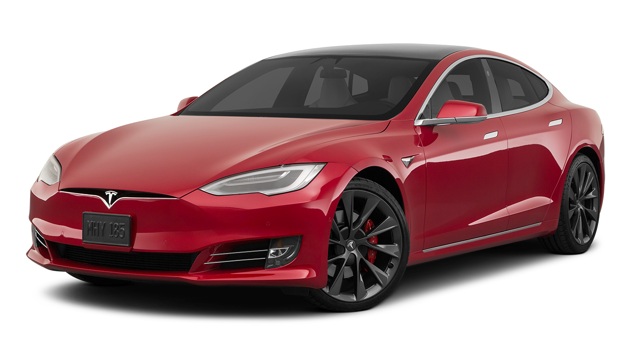 A red tesla model s is shown on a white background.