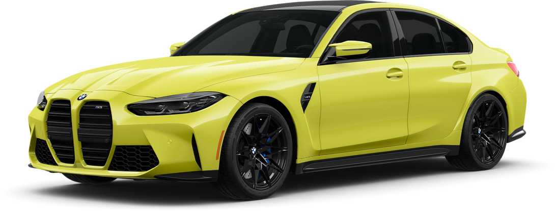 A yellow bmw m3 is shown on a white background.