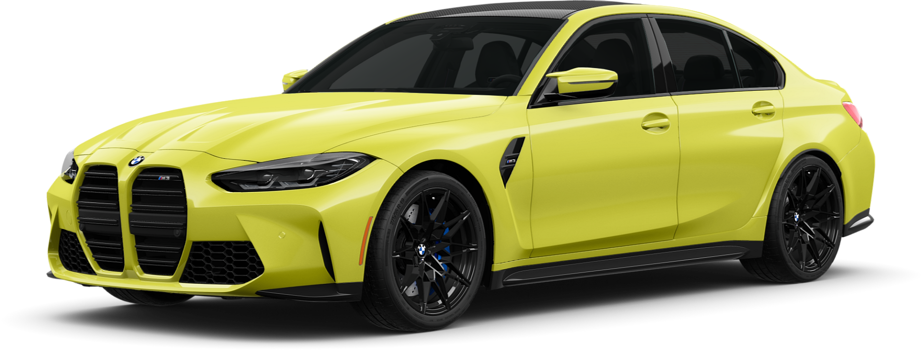 A yellow bmw m3 is shown on a white background.