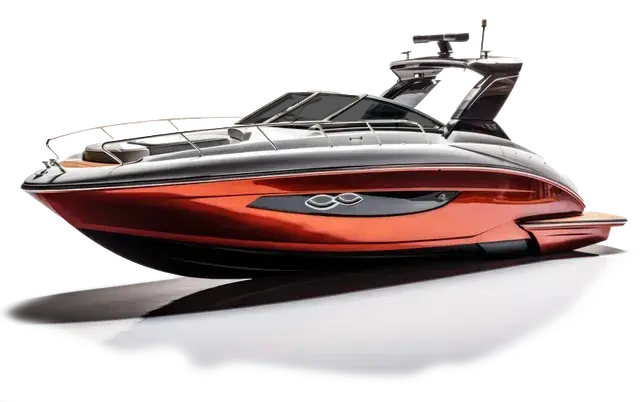 A red and black boat is sitting on a white surface.