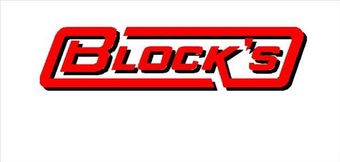 Block’s logo in bold red and black lettering on a white background