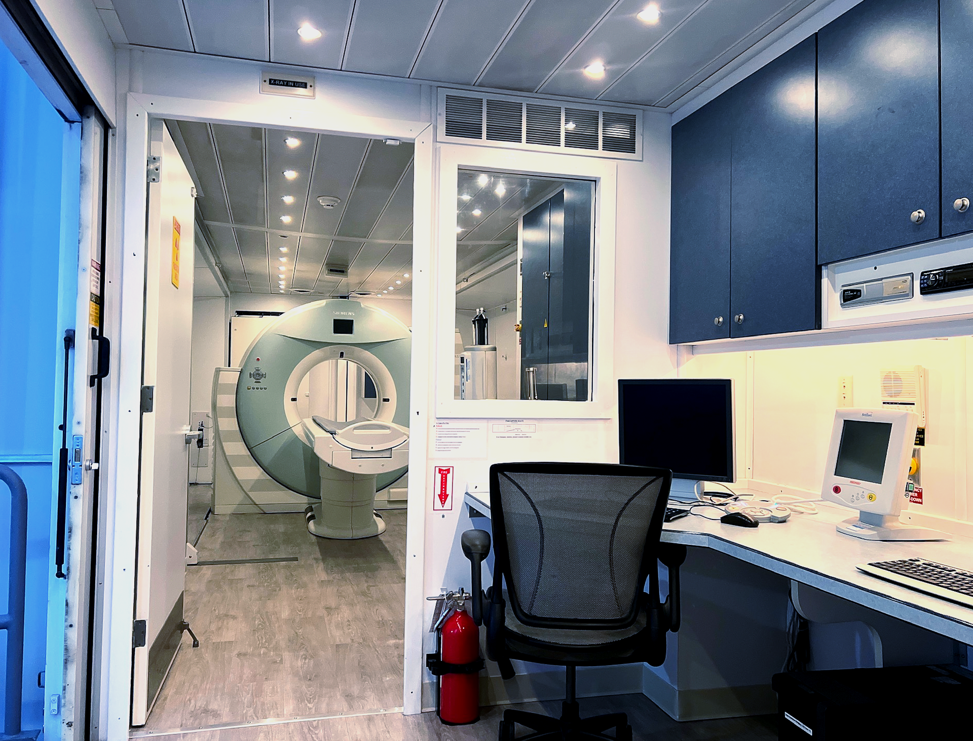 Interior of a mobile CT scanner with diagnostic imaging equipment