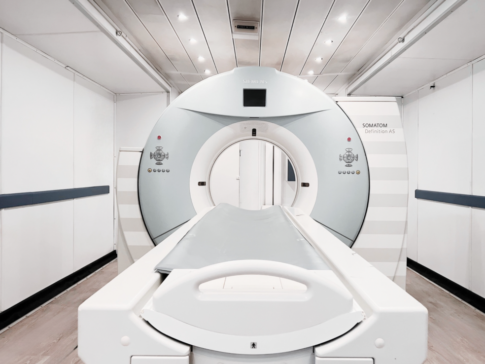 Interior of a mobile CT scanner with diagnostic imaging equipment