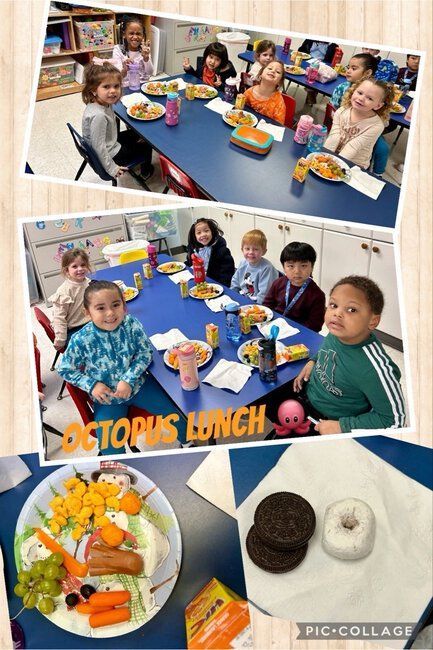 Children in a classroom enjoying lunch, which includes octopus-shaped food, cookies, and juice boxes.