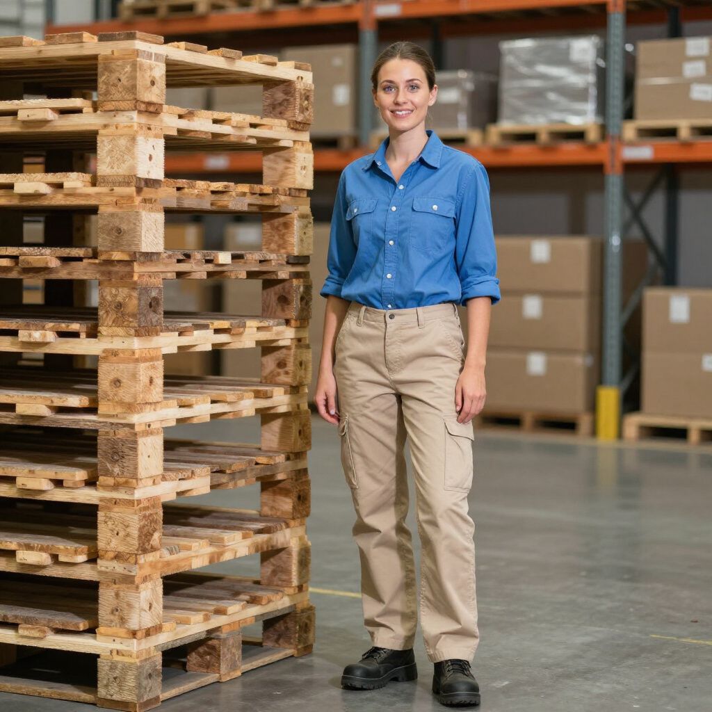 Eine Frau in blauem Hemd und beiger Hose steht in einem Lagerhaus neben gestapelten Holzpaletten.