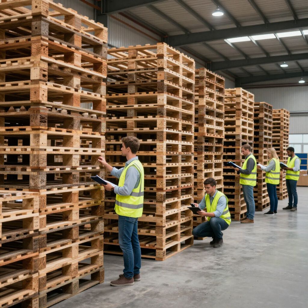 Arbeiter in Sicherheitswesten inspizieren hochgestapelte Holzpaletten in einem Lagerhaus.