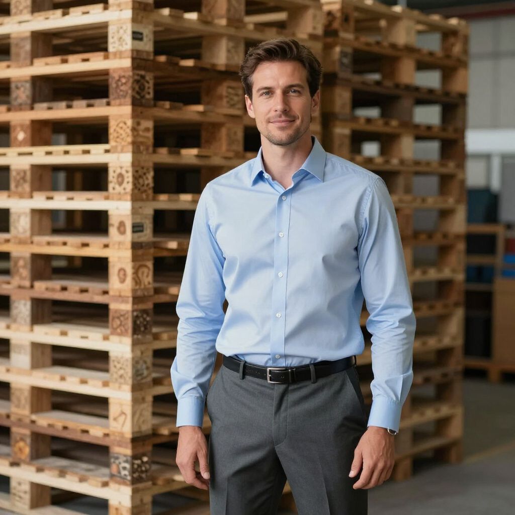 Ein Mann in blauem Hemd und grauer Hose posiert vor Holzpaletten.