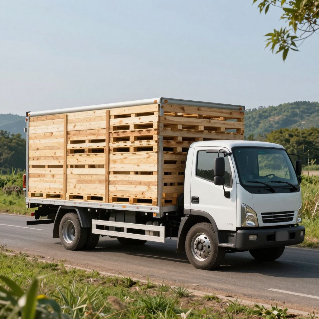 Weißer Lieferwagen mit hölzerner Ladefläche auf einer Straße in ländlicher Umgebung.