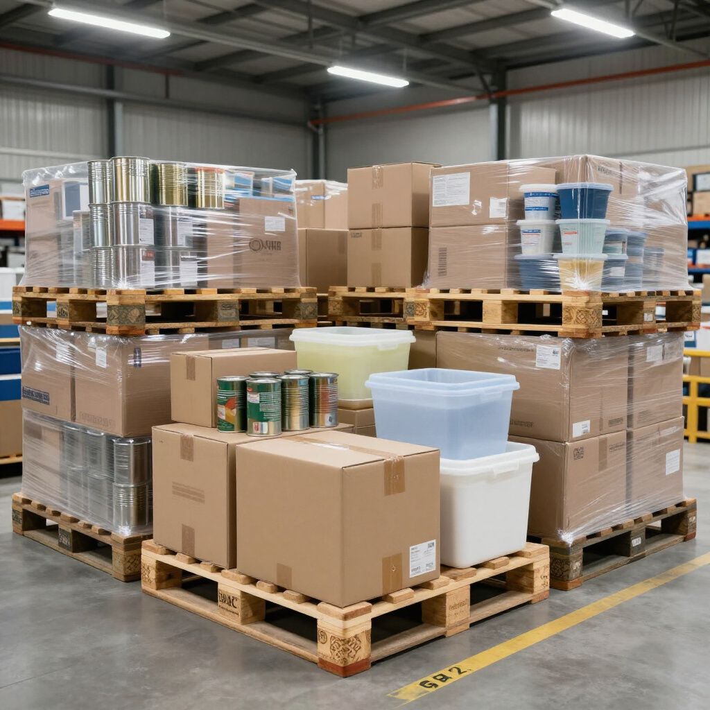 In einer Lagerhalle sind Paletten mit Kartons, Metalldosen und Plastikbehältern gestapelt.