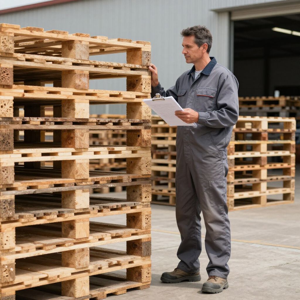 Ein Mann in Arbeitskleidung inspiziert einen Stapel Holzpaletten und hält ein Klemmbrett in der Hand in einem Lagerhaus.