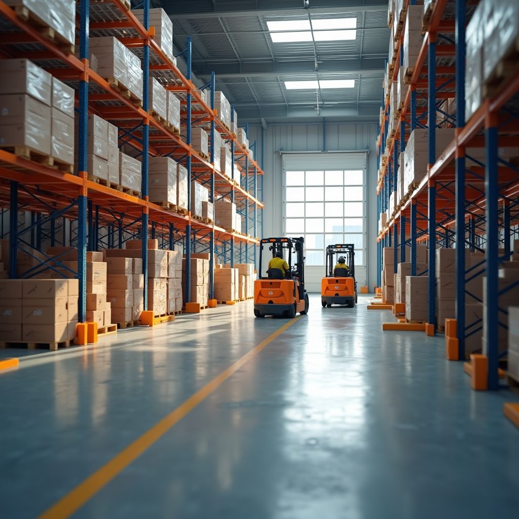 Gabelstapler in einem Lagerhaus, die Waren zwischen mit Kisten gefüllten Regalen transportieren.