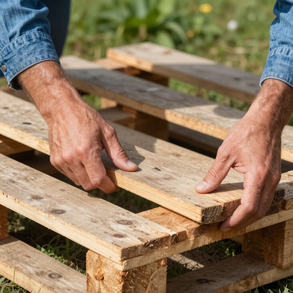 Hände legen im Freien ein Holzbrett auf eine Palette.