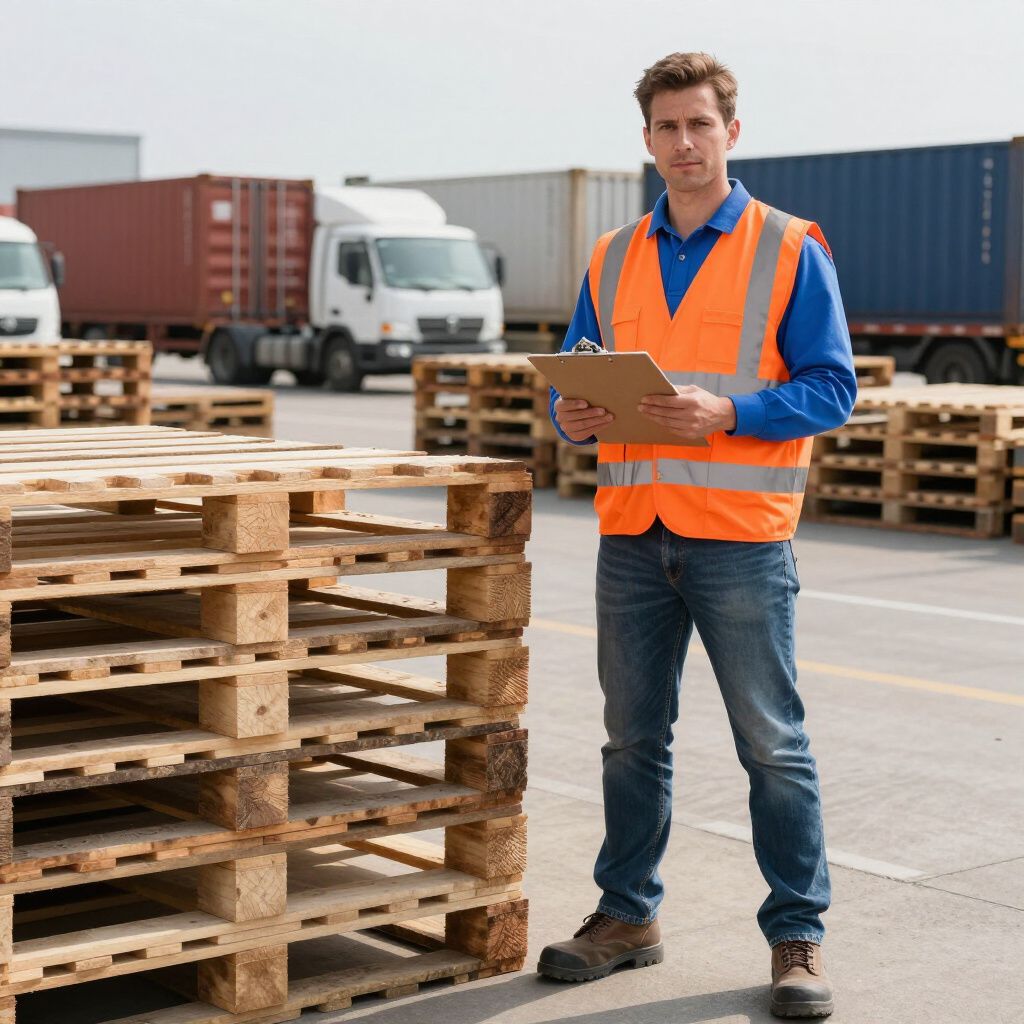 Mann in Sicherheitsweste mit Klemmbrett, steht in der Nähe von Paletten und Lastwagen an einer Laderampe.