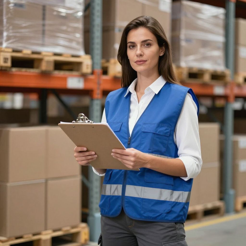 Frau in blauer Weste mit Klemmbrett in der Hand in einem Lagerhaus mit gestapelten Kisten und Regalen.