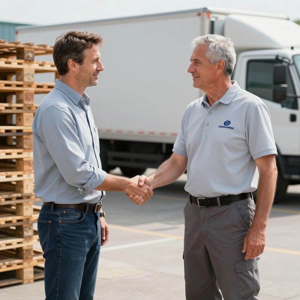 Zwei Männer schütteln sich vor einem Lastwagen und Paletten die Hände; Einigkeit.